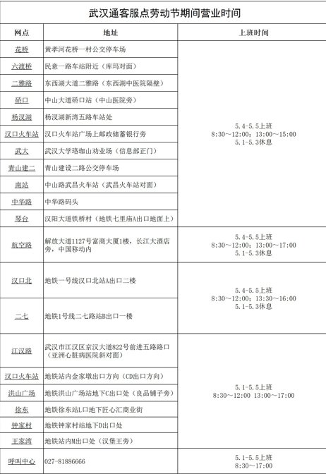 2021五一武漢通客服網點營業(yè)時間